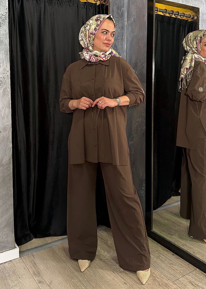 Qupra Önü Çıtçıtlı Pantolonlu Takım KAHVE - 3
