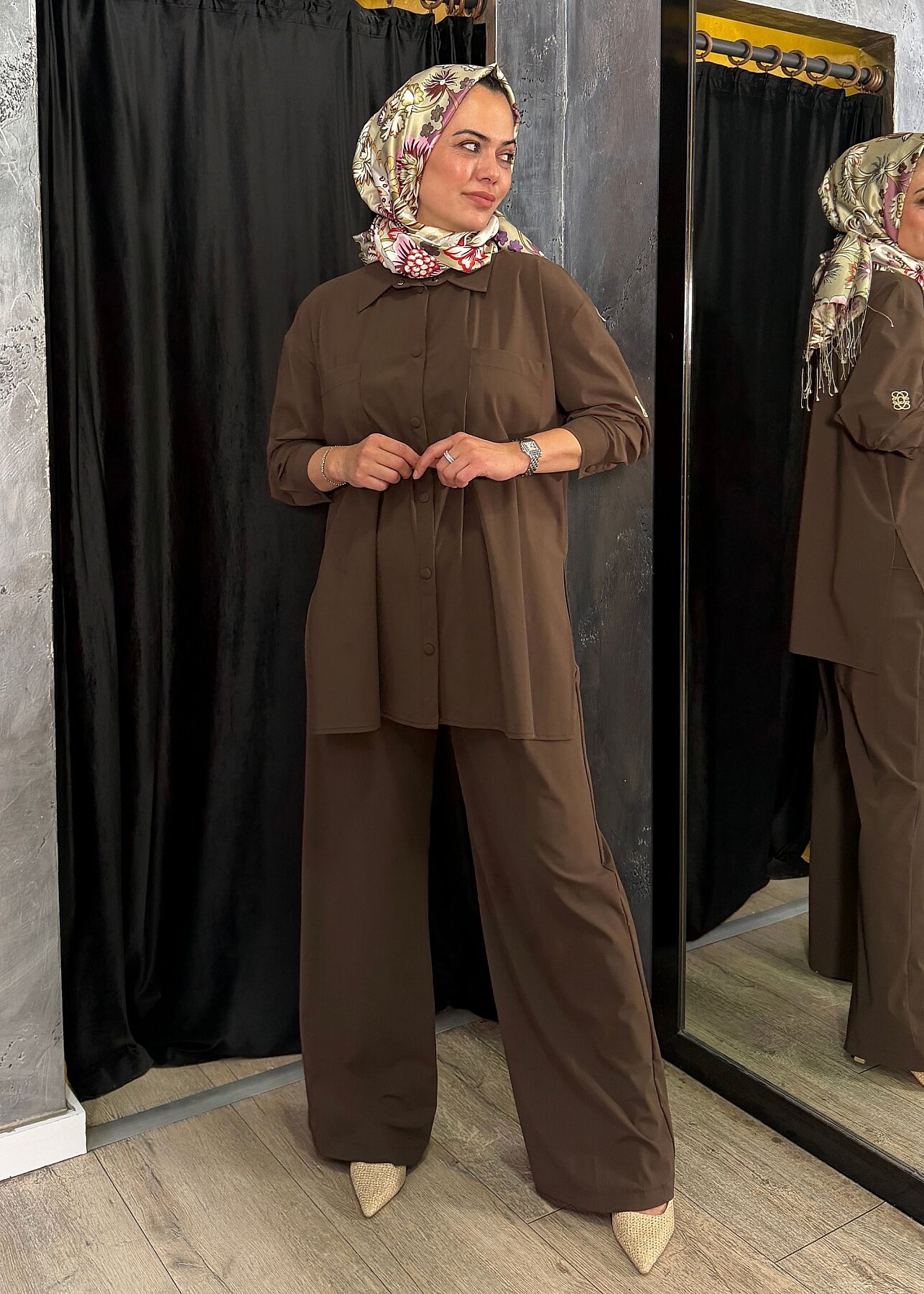 Qupra Önü Çıtçıtlı Pantolonlu Takım KAHVE - 3