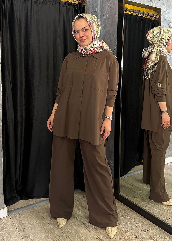Qupra Önü Çıtçıtlı Pantolonlu Takım KAHVE - 4