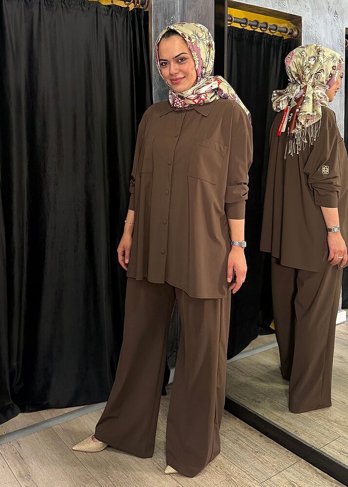 Qupra Önü Çıtçıtlı Pantolonlu Takım KAHVE - 5