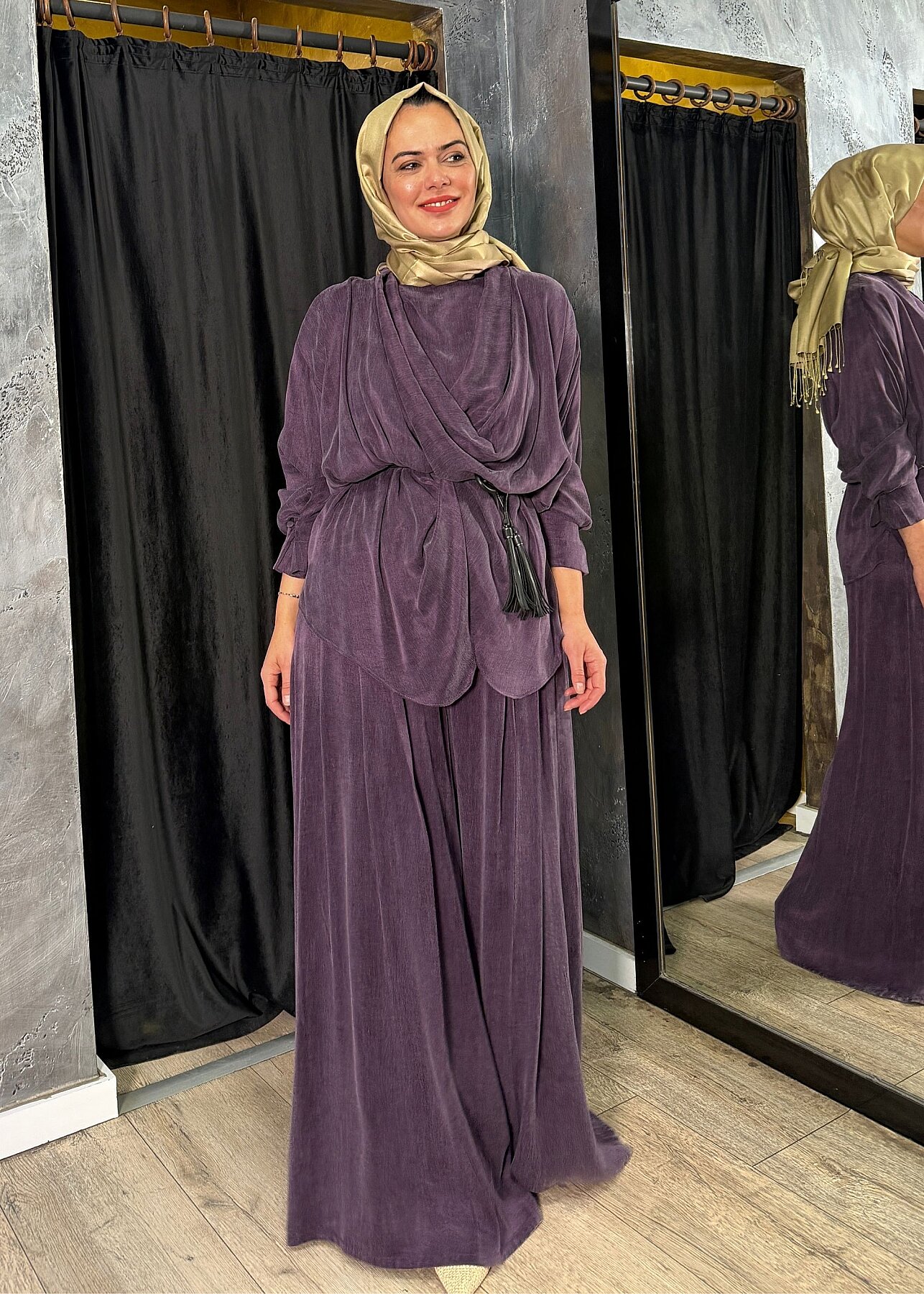 Qupra Önü Drapeli Belden Bağlamalı Pantolonlu Cupro Takım MÜRDÜM - 2