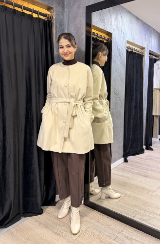 Qupra Önü Düğmeli Kuşaklı Kaban EKRU