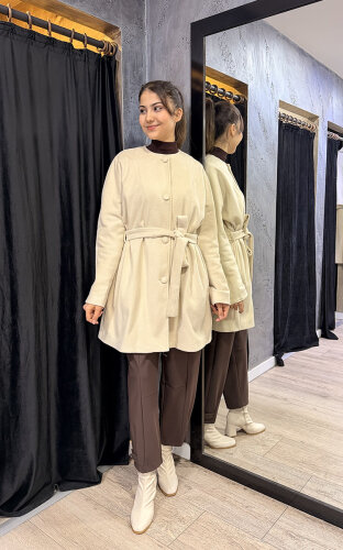 Qupra Önü Düğmeli Kuşaklı Kaban EKRU - 2