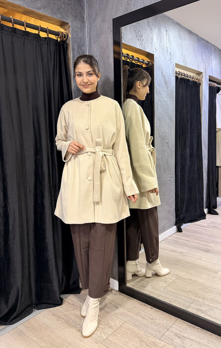 Qupra Önü Düğmeli Kuşaklı Kaban EKRU - 3