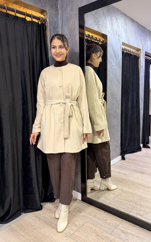 Qupra Önü Düğmeli Kuşaklı Kaban EKRU - 4