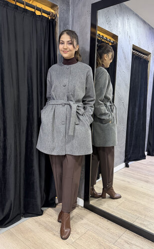 Qupra Önü Düğmeli Kuşaklı Kaban GRİ