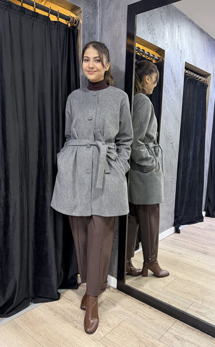 Qupra Önü Düğmeli Kuşaklı Kaban GRİ - 1