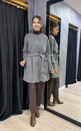 Qupra Önü Düğmeli Kuşaklı Kaban GRİ - 2