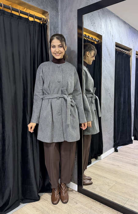 Qupra Önü Düğmeli Kuşaklı Kaban GRİ - 3