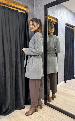 Qupra Önü Düğmeli Kuşaklı Kaban GRİ - 4