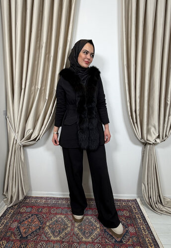 Qupra Önü Kürklü Pantolonlu Takım SİYAH