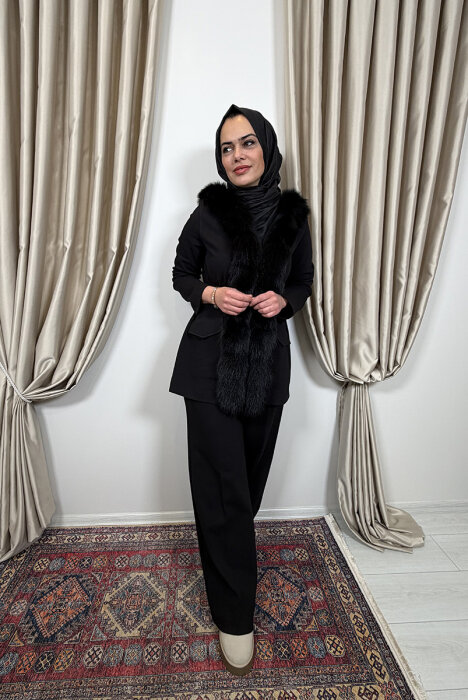 Qupra Önü Kürklü Pantolonlu Takım SİYAH - 4