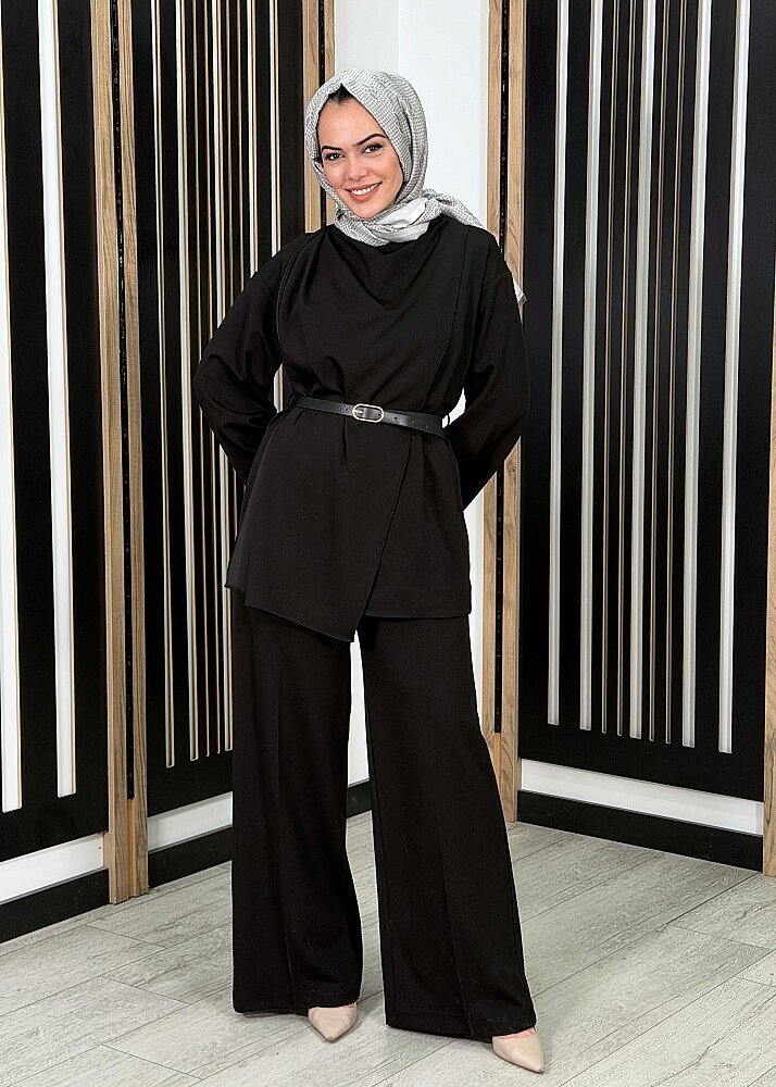 Qupra Şal Detaylı Örme Takım SİYAH