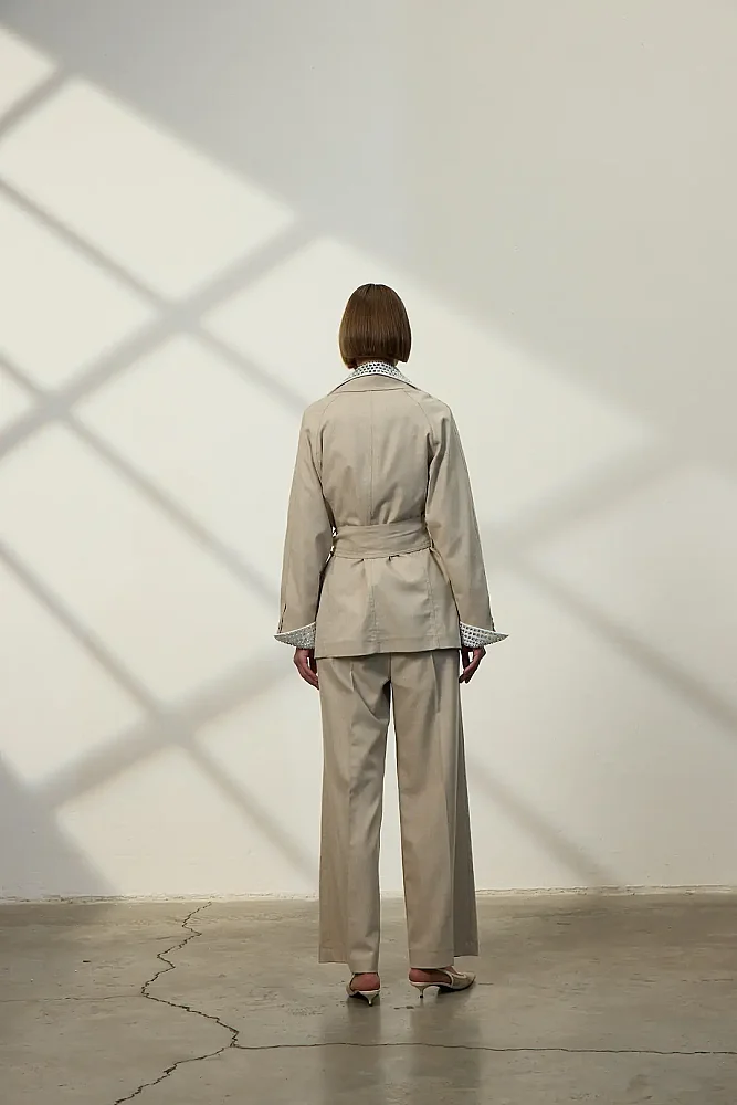 Qupra Taş Kuşak Detaylı Keten Takım BEJ - 2