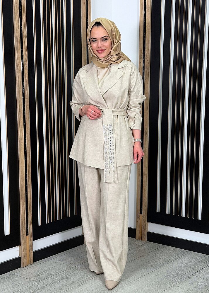 Qupra Taş Kuşak Detaylı Keten Takım BEJ