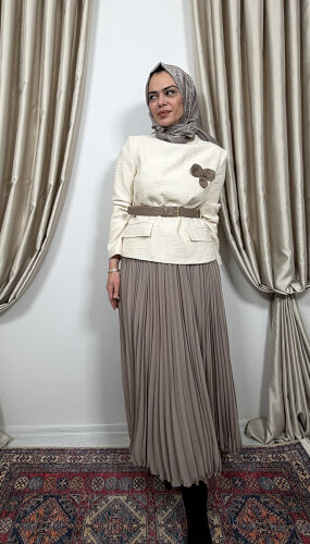 Qupra Tüvit Ceketli Etek Takım EKRU-VİZON - 3