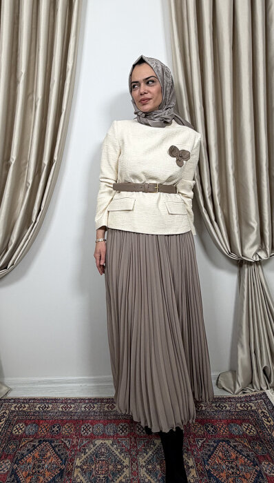 Qupra Tüvit Ceketli Etek Takım EKRU-VİZON - 3