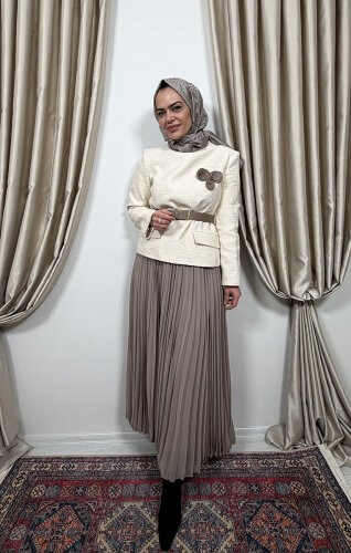 Qupra Tüvit Ceketli Etek Takım EKRU-VİZON