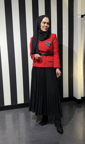 Qupra Tüvit Ceketli Etek Takım KIRMIZI SIYAH