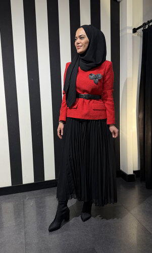 Qupra Tüvit Ceketli Etek Takım KIRMIZI SIYAH - 3