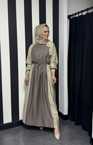 Qupra Yaka Kısmı Ve Kolucu Lastikli Elbise VİZON/KAHVE - 2