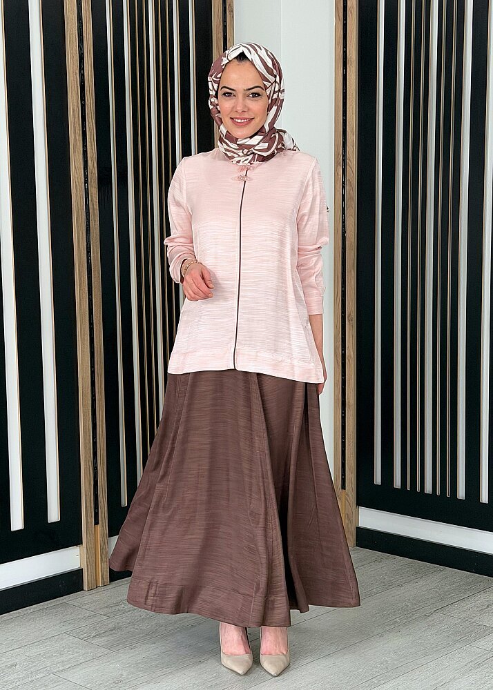 Qupra Yakası Broş Detaylı Etekli Takım Pembe/Kahve - 2