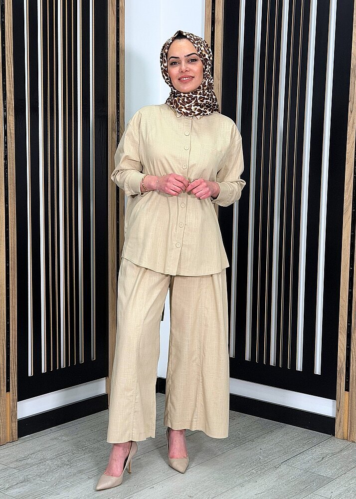 Qupra Yakası İnce Detaylı Pantolonlu Takım BEJ