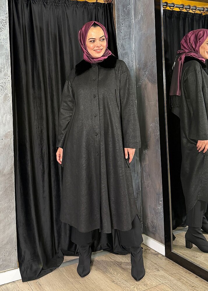 Qupra Yakası Kürklü Önü Düğmeli Kap SİYAH - 2