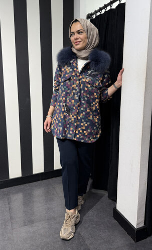 Qupra Yakası Kürklü Pötikareli Ceket ORJİNAL