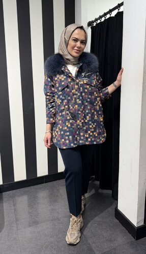 Qupra Yakası Kürklü Pötikareli Ceket ORJİNAL - 3