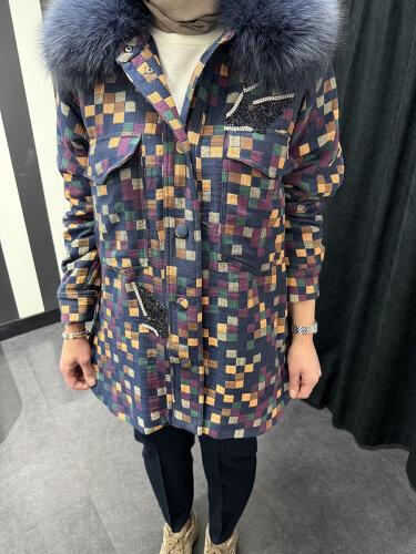 Qupra Yakası Kürklü Pötikareli Ceket ORJİNAL - 4