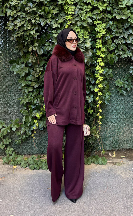 Qupra Yakası Kürklü Simli Takım BORDO - 3