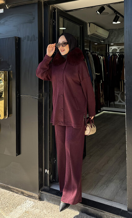 Qupra Yakası Kürklü Simli Takım BORDO - 4