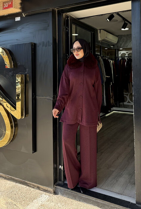 Qupra Yakası Kürklü Simli Takım BORDO - 5