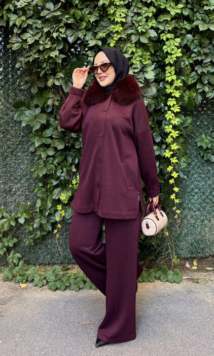 Qupra Yakası Kürklü Simli Takım BORDO - 6
