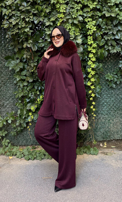 Qupra Yakası Kürklü Simli Takım BORDO - 7