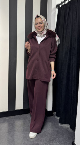 Qupra Yakası Kürklü Simli Takım BORDO - QUPRA