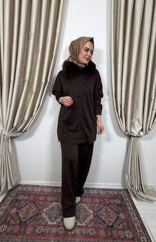 Qupra Yakası Kürklü Simli Takım KAHVE - 2