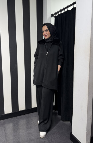 Qupra Yakası Kürklü Triko Kumaş Takım SİYAH - 2