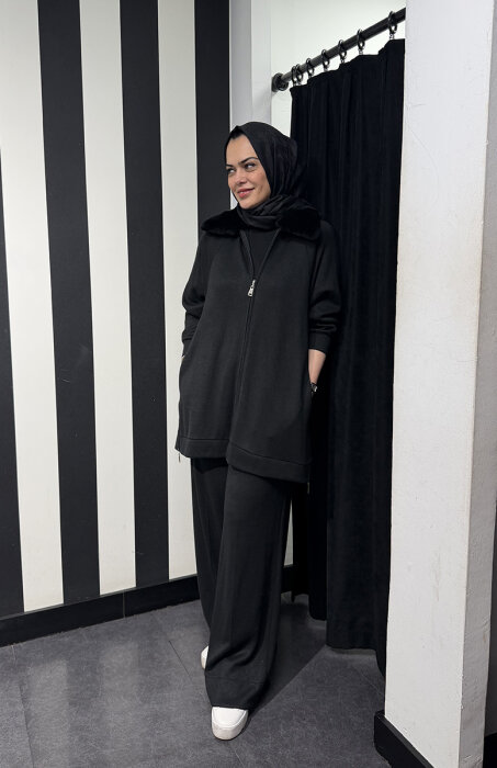 Qupra Yakası Kürklü Triko Kumaş Takım SİYAH - 2