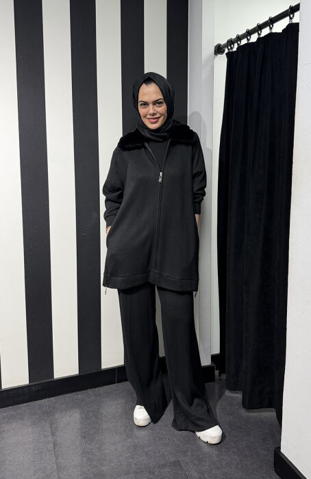 Qupra Yakası Kürklü Triko Kumaş Takım SİYAH - 3