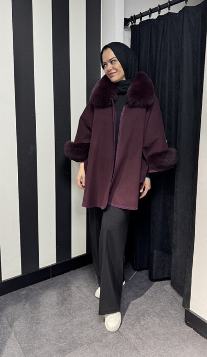 Qupra Yakası Ve Kolları Kürklü Kap BORDO - 1