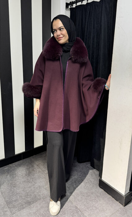 Qupra Yakası Ve Kolları Kürklü Kap BORDO - 2