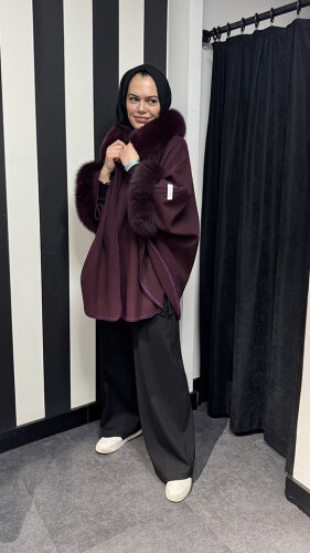 Qupra Yakası Ve Kolları Kürklü Kap BORDO - 3