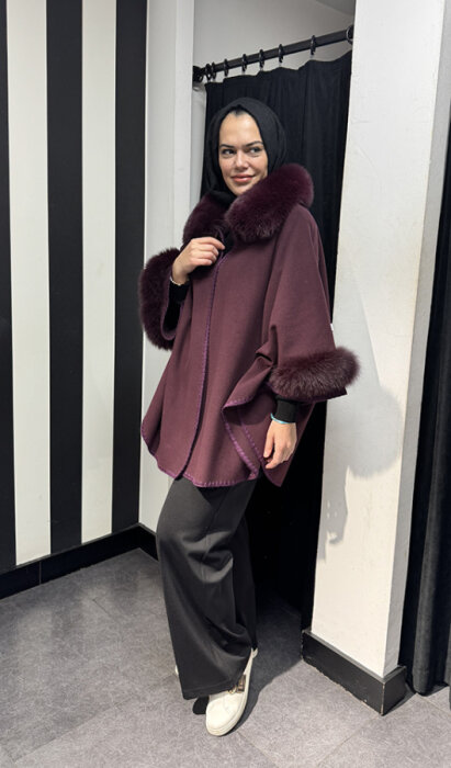 Qupra Yakası Ve Kolları Kürklü Kap BORDO - 4