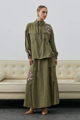 SBL Desing Çiçek Detaylı Etekli Takım HAKİ - SBL Design