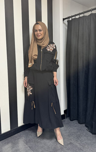 SBL Desing Çiçek Detaylı Etekli Takım SİYAH - SBL Design