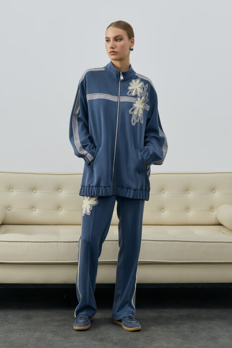 SBL Desing Fermuarlı Çiçek Detaylı Pantolonlu Takım İNDİGO - 1