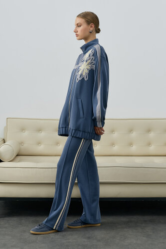 SBL Desing Fermuarlı Çiçek Detaylı Pantolonlu Takım İNDİGO - 2