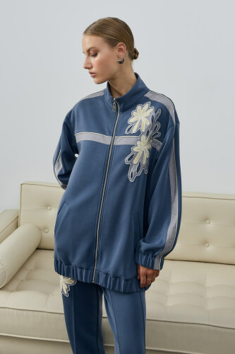 SBL Desing Fermuarlı Çiçek Detaylı Pantolonlu Takım İNDİGO - 3